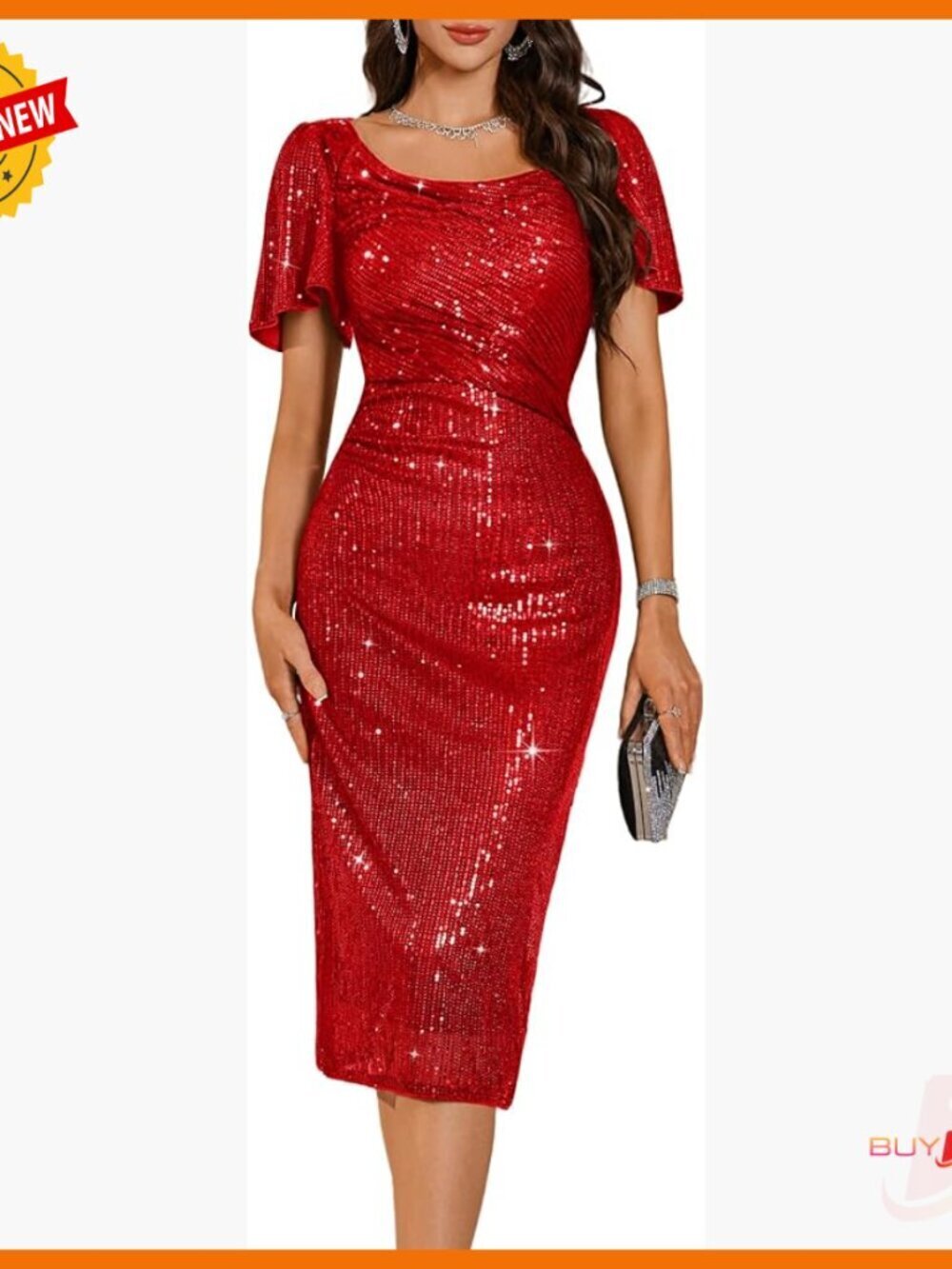 Sequin Midi Bodycon Dress with Ruffle Sleeves for Formal Cocktail Parties